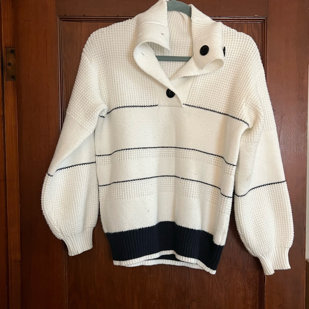 Commense White and Black Striped Collared Sweater